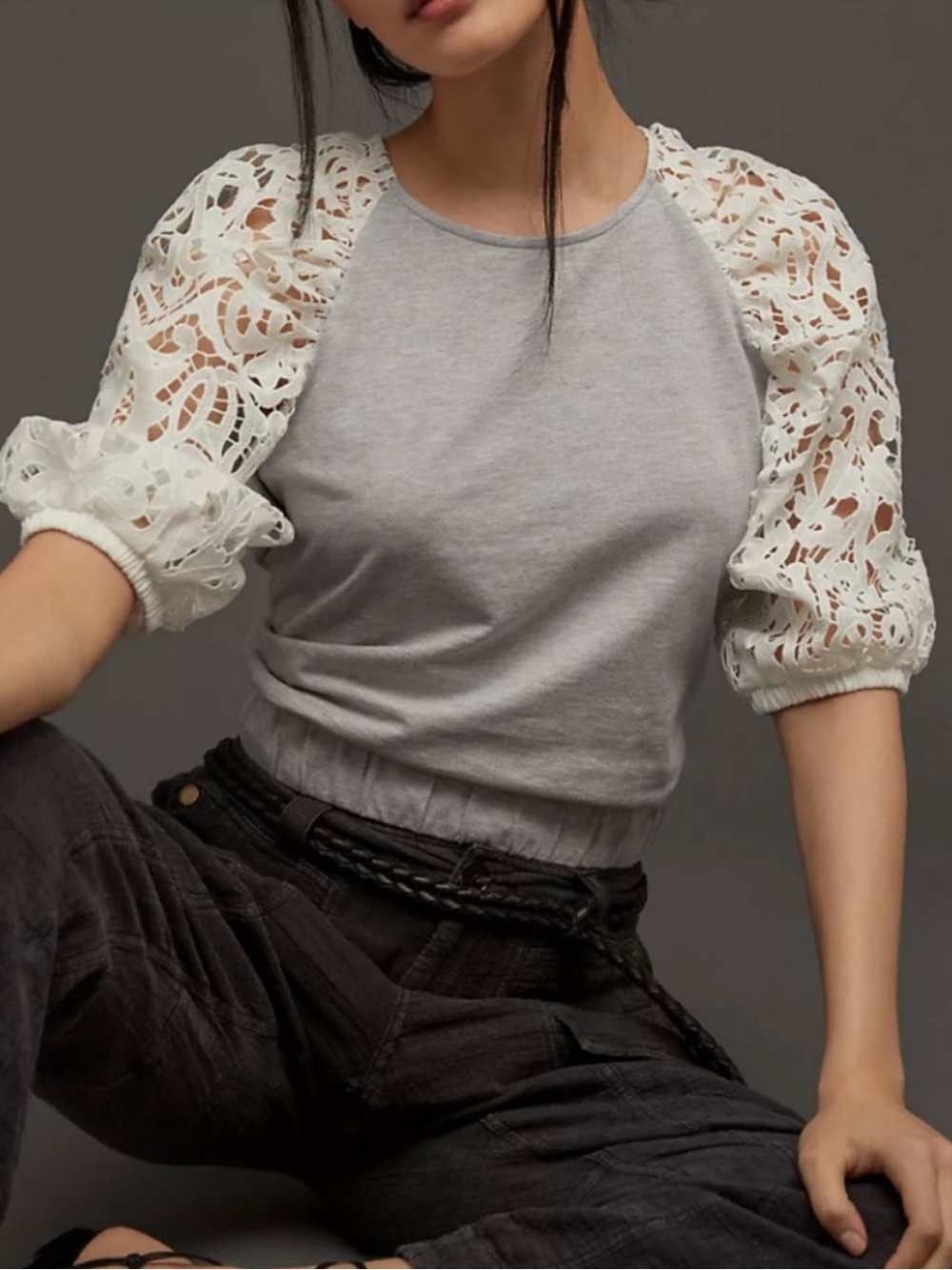 Anthropologie DOLAN Light Gray Top with White Lace Puff Sleeves